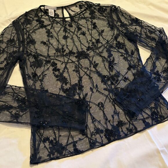 Anne Klein Tops - Anne Klein Y2K Beaded Mesh Long Sleeve Blouse Top Size 6 2000s Fairy Grunge